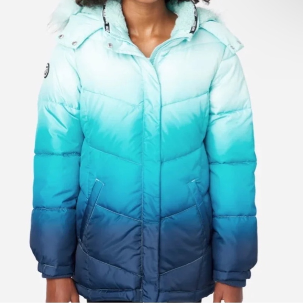 NWT Anorak Puffer Coat ocean ombré turquoise blue white JUSTICE teen XL - Picture 15 of 16